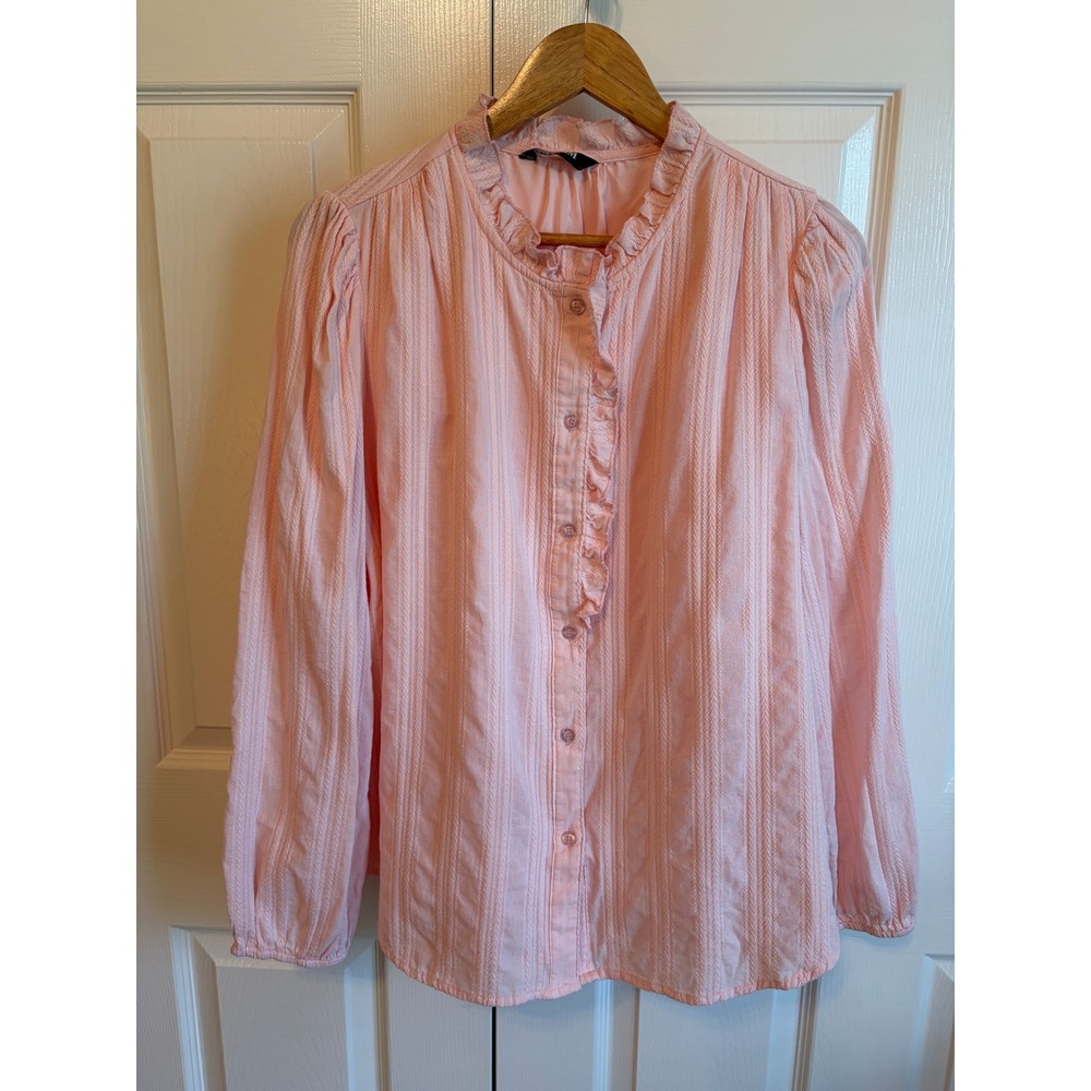 BTFBM Womens Pink Cotton Ruffle Long Sleeve Dobby Blouse XL